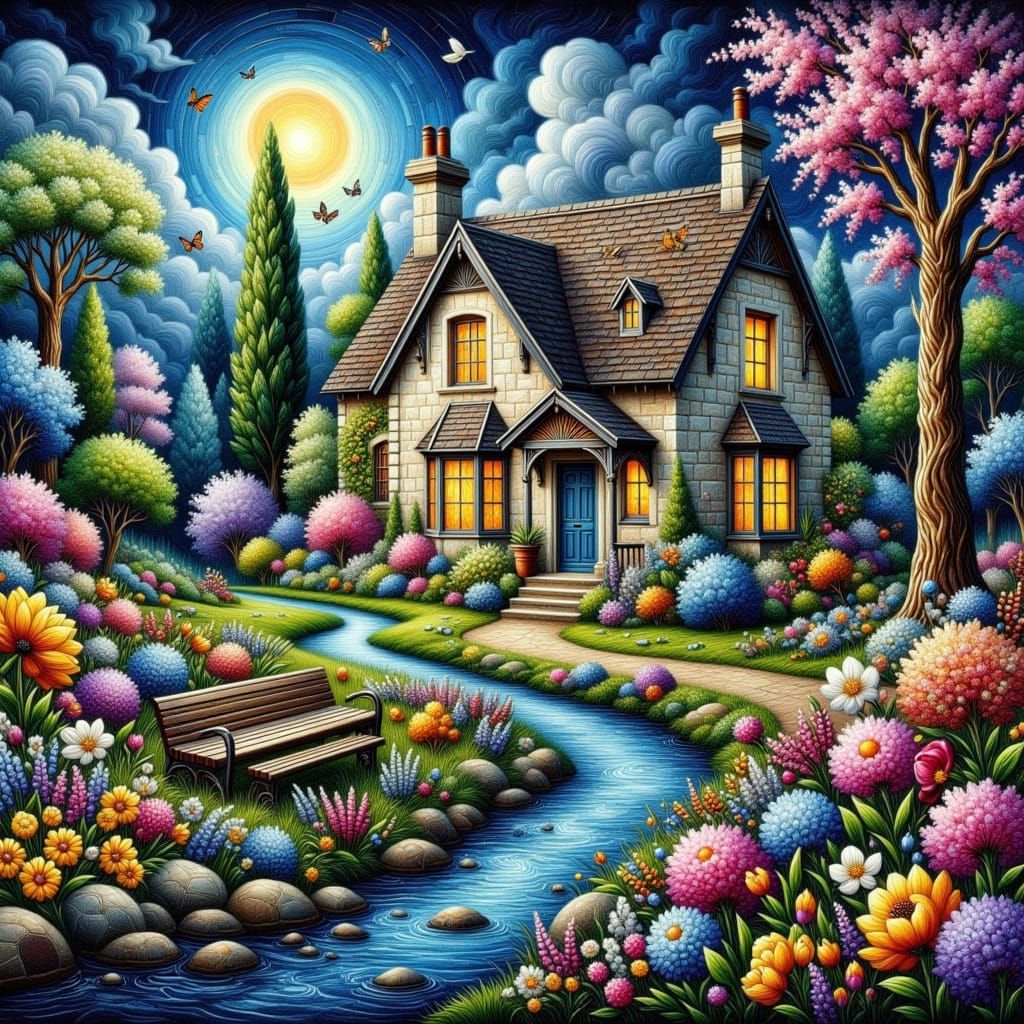 Enchanted Cotswald Cottage Under Springtime Night Sky