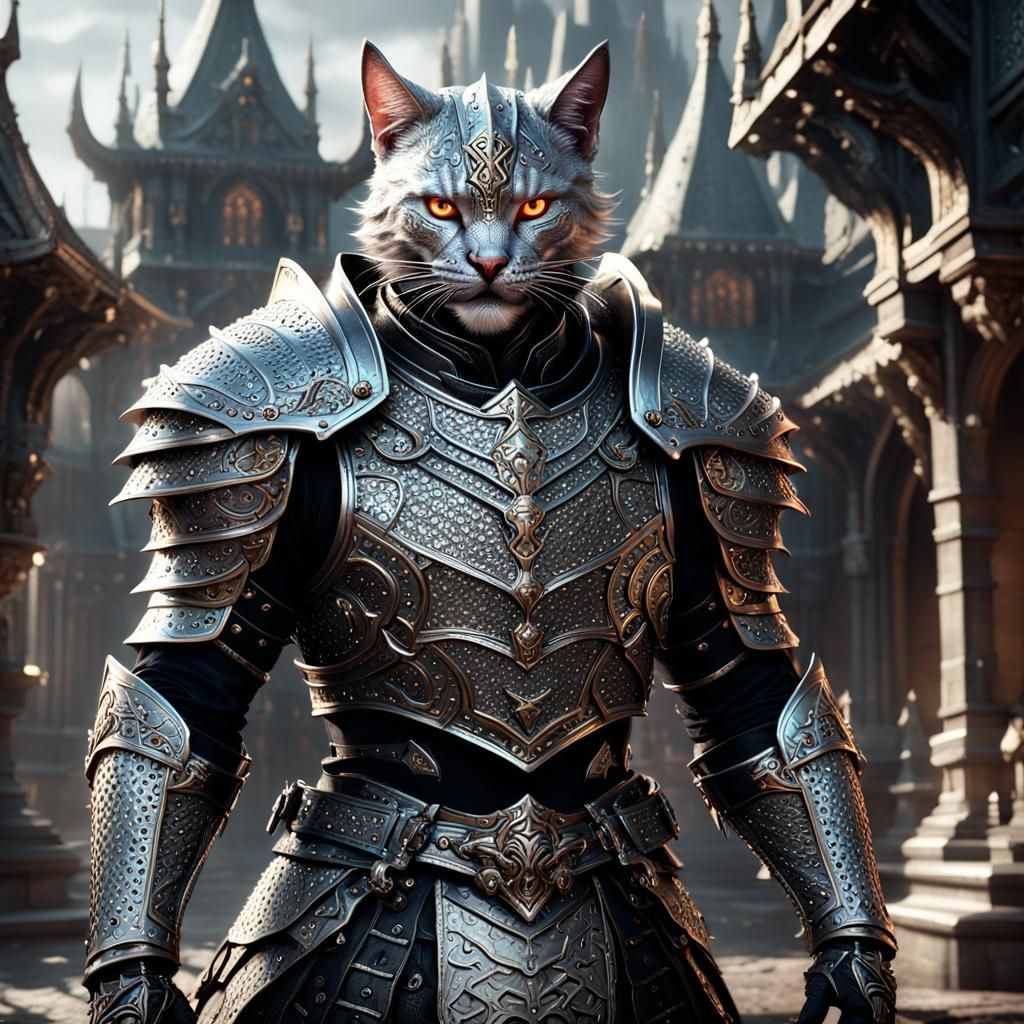 Epic Hellknight Catfolk Warrior in Stunning Rocco-Silver Arm...