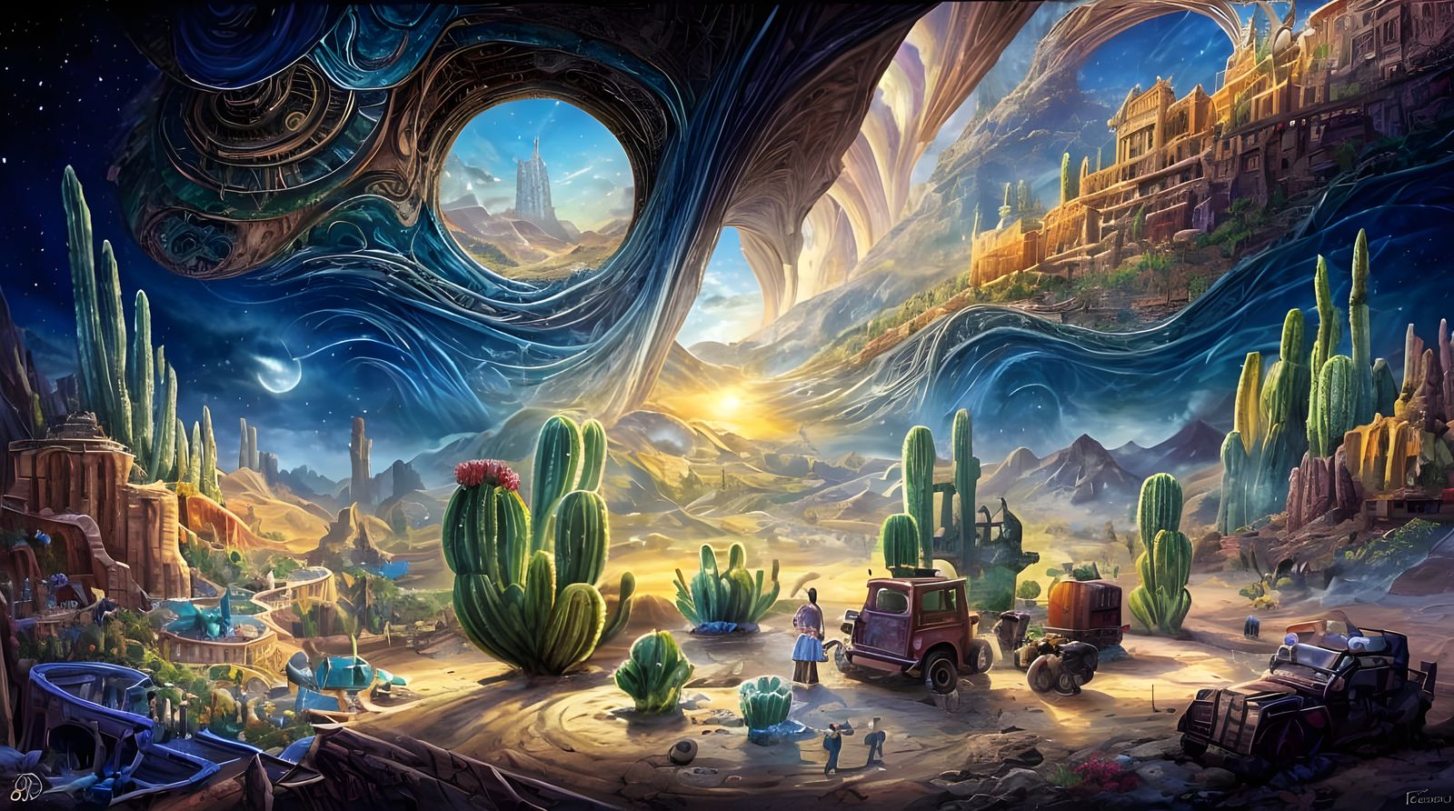 Dieselpunk Oasis Sunset: A Huichol Yarn Painting