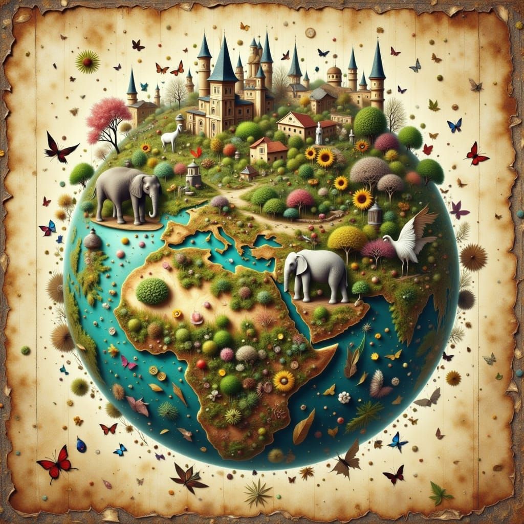 Surreal Earth Globe Teeming with Life in Photorealistic Styl...