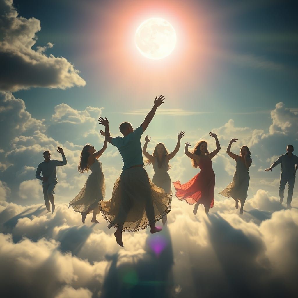 People Dancing in Moonlight with Sunshine Beams