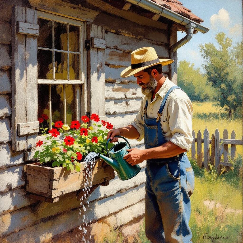 Man Gardening in Rustic House, Pastoral Painting