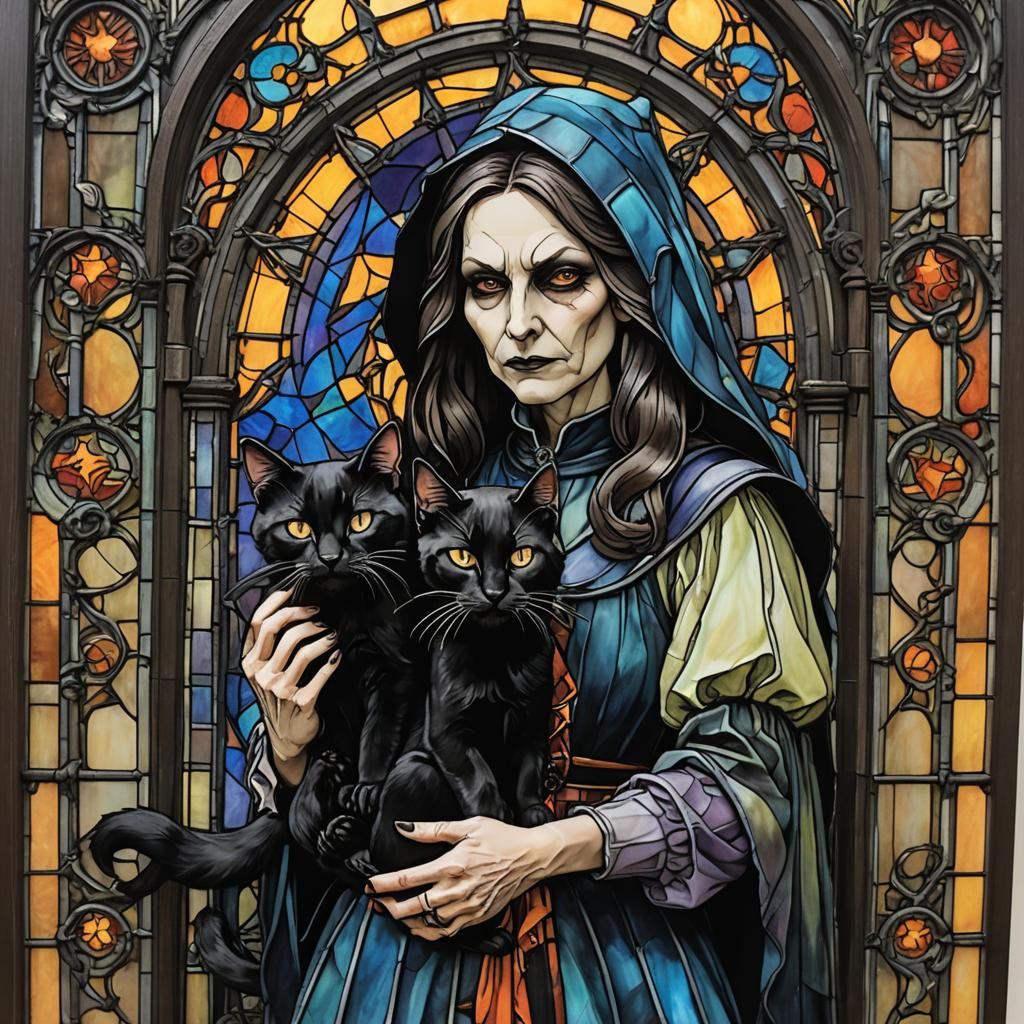 Gothic Witch Surrounded by Black Cats in a Stained Glass Win...