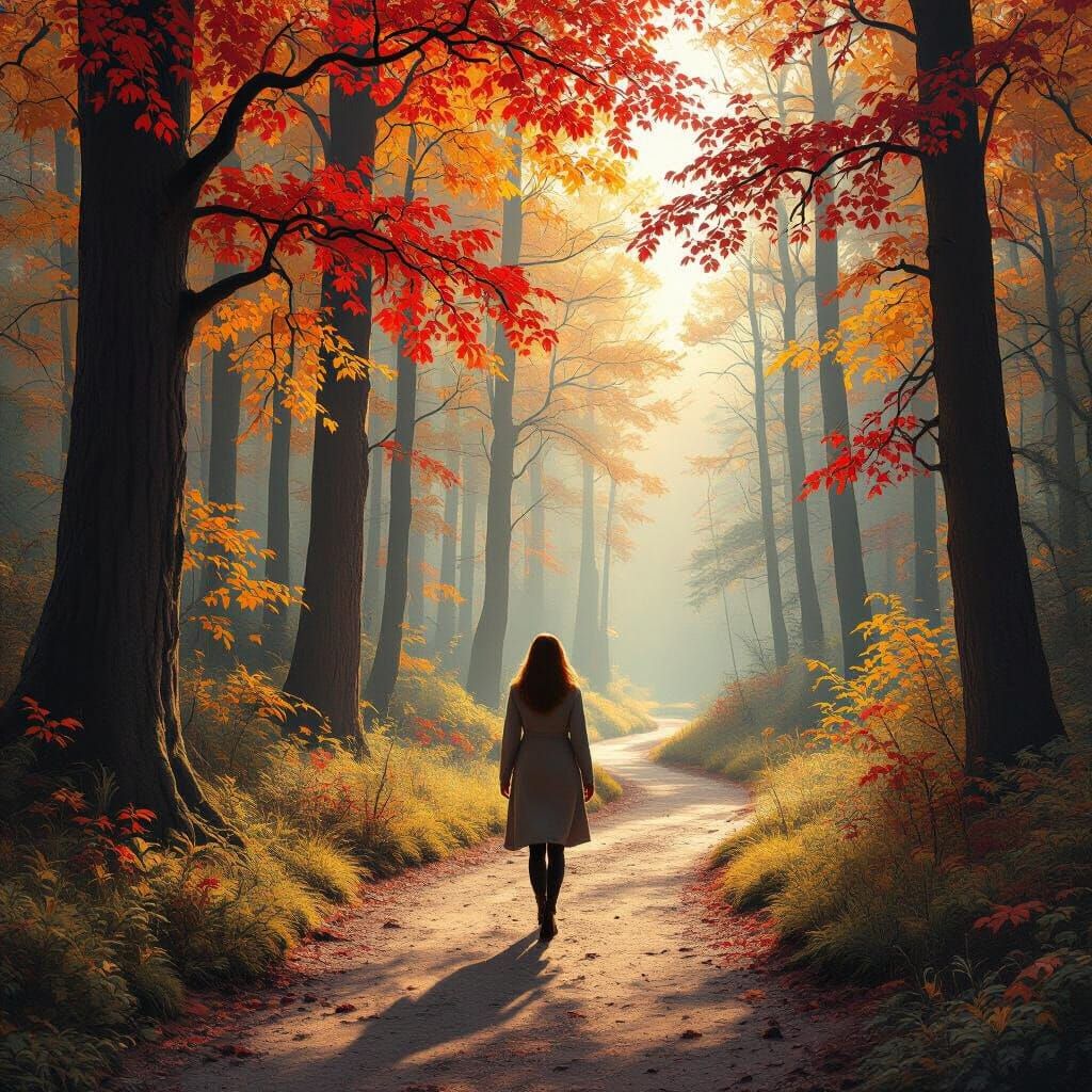 Woman Walks Autumn Path in Photorealistic Style