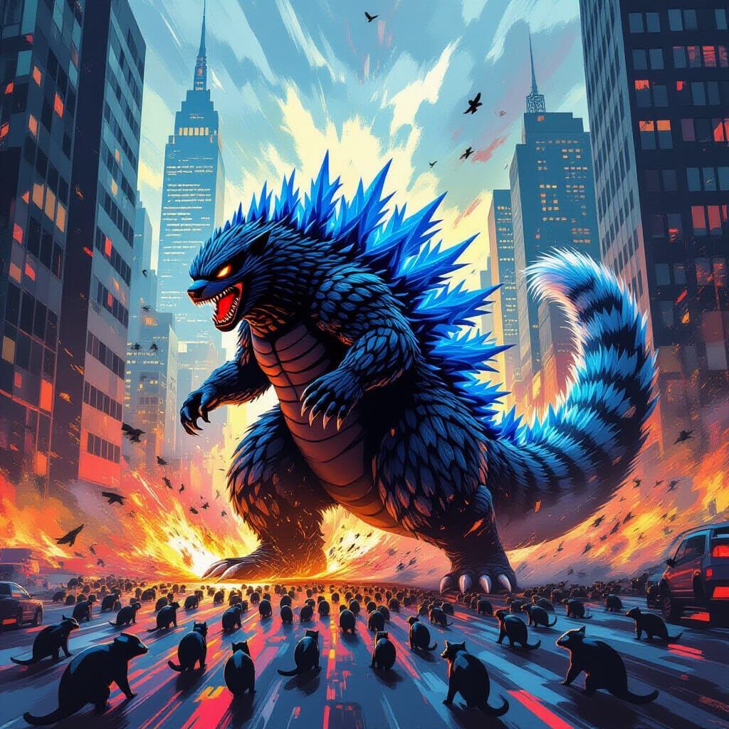 Giant Skunk Godzilla Attacks City in Abstract Art Style