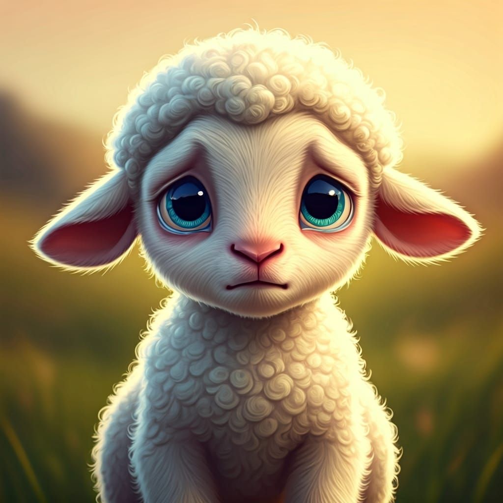 Cartoon Lamb in Pastel Storybook Style Meadow