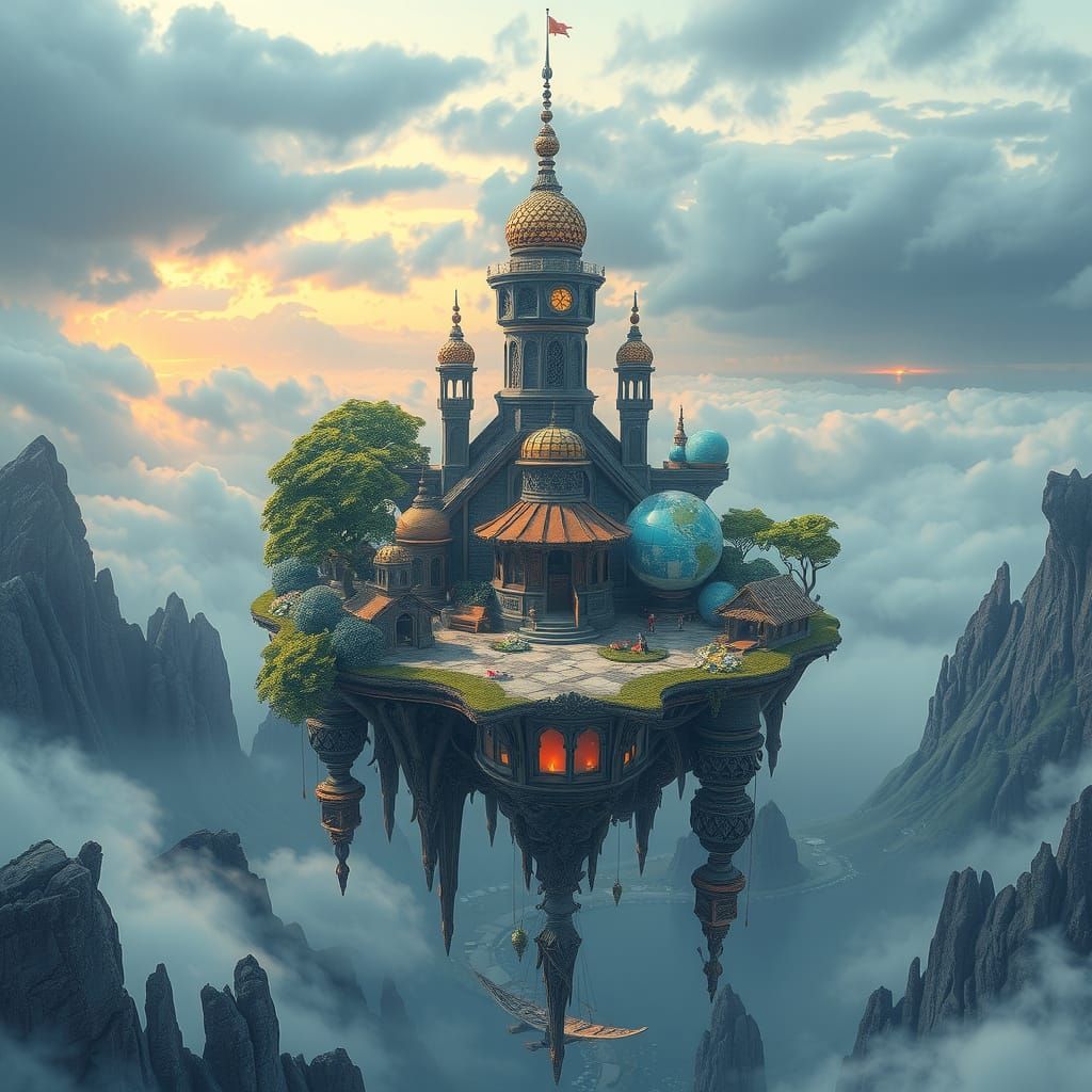 Intricate techno fantasy floating island