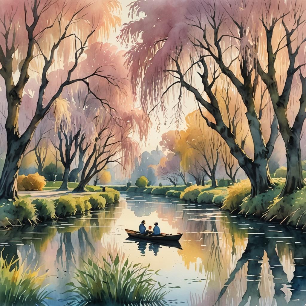 Idyllic Watercolor Scene of a Tranquil Canal with Weeping Wi...