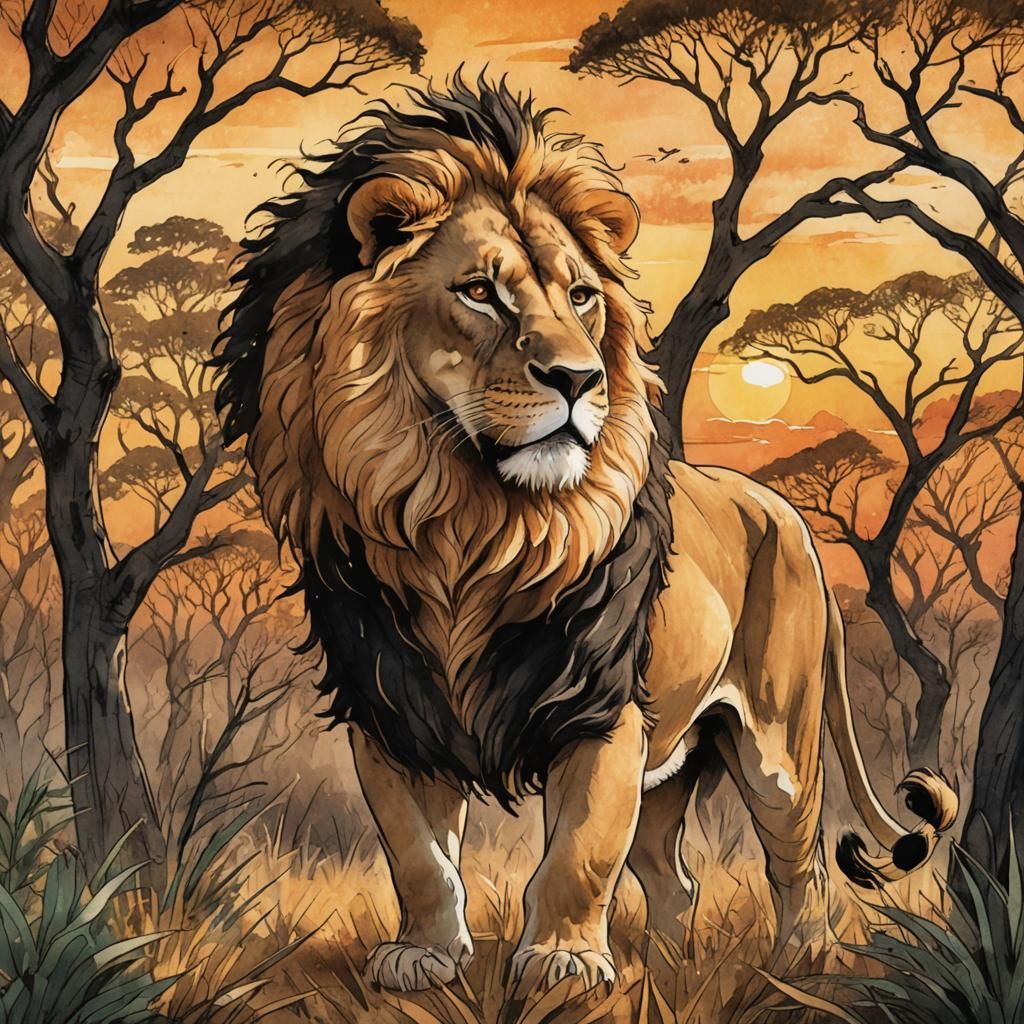 Surreal Graphic Novel Lion Conductor in Vibrant Savannah Sun...