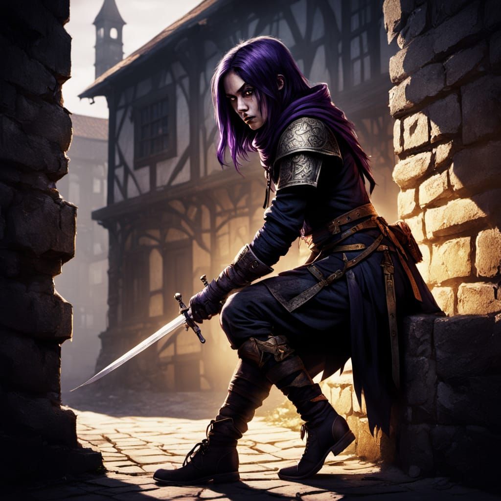 Female Rogue with Purple Hair Crouching with Dagger in Medie...