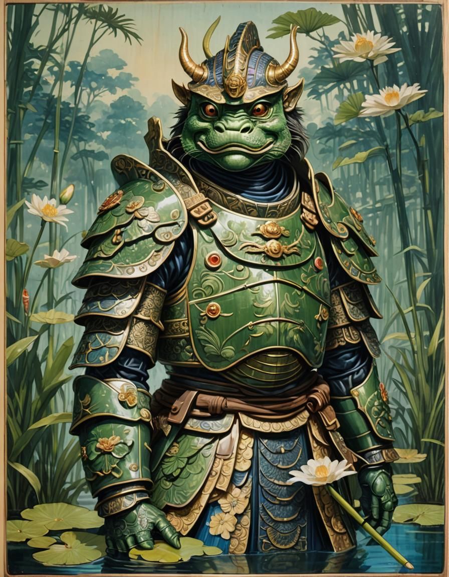 Kappa in Elegant Samurai Armor, a Water Yokai Portrait