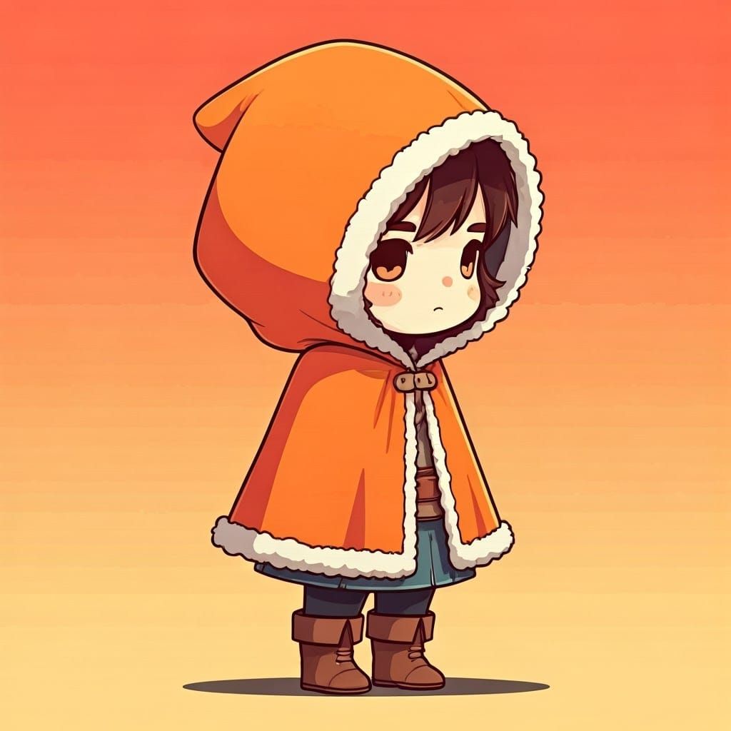 Chibi Hooded Figure in Whimsical Sunset