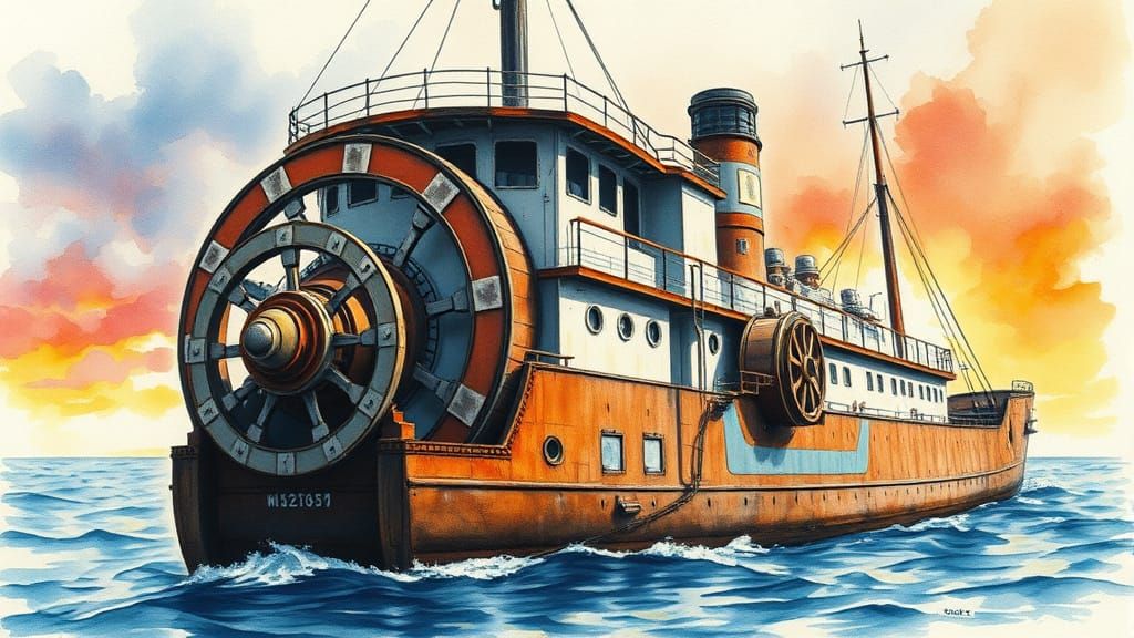 Steamship in Hyperreal Watercolor, Inspired by Syd Mead's Fu...