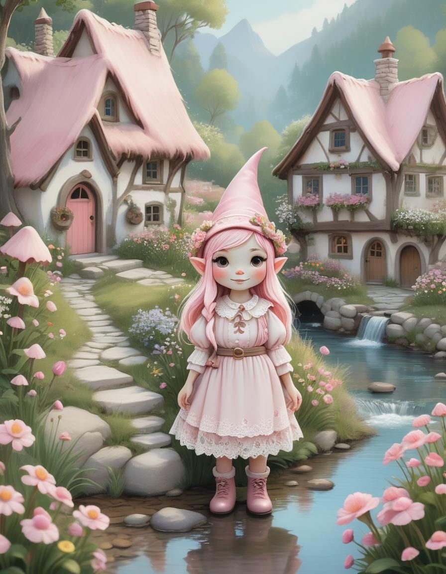 Charming Whimsical Gnome Girl in Fairy-Tale Village