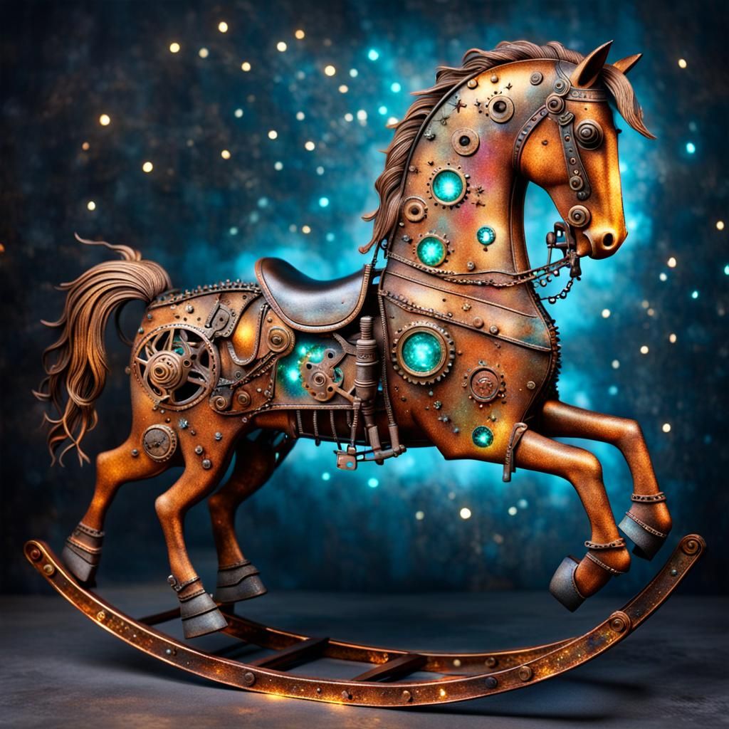 Surreal Steampunk Rocking Horse in Vibrant Rusty Hues