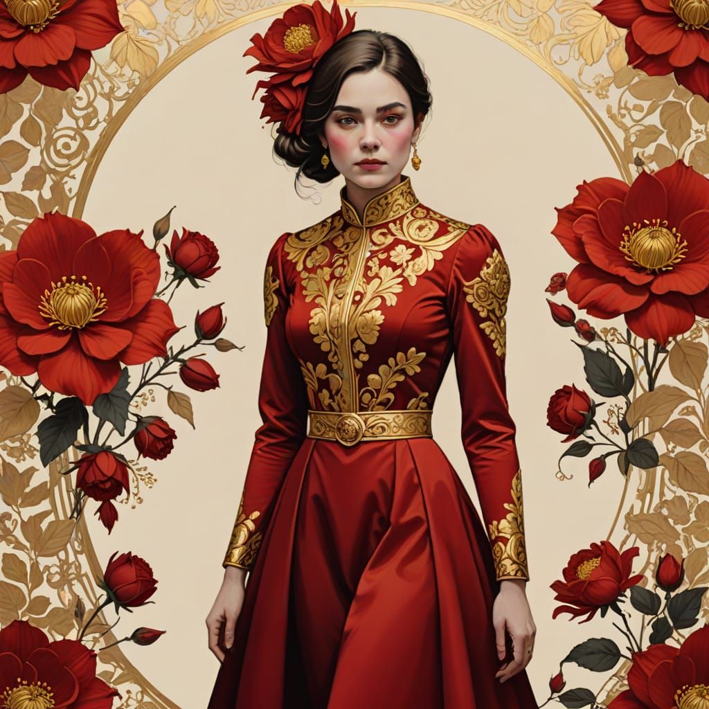 Woman in Vibrant Gold and Red Attire