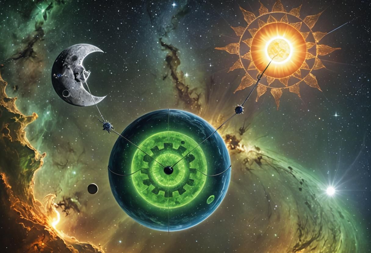 Realistic Space Scene with Clockwork Planetarium