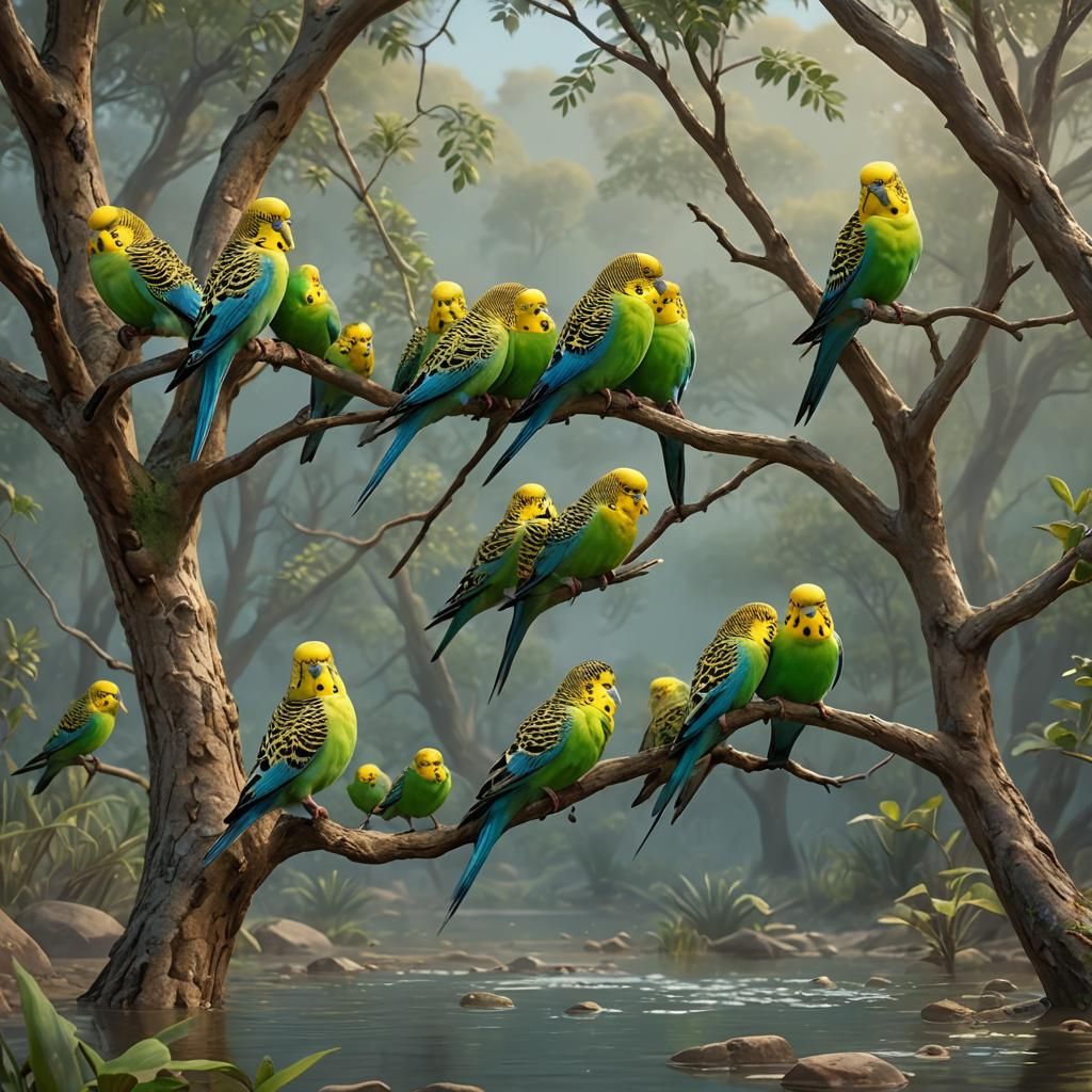Vibrant Budgerigar Flock in an Australian Tree