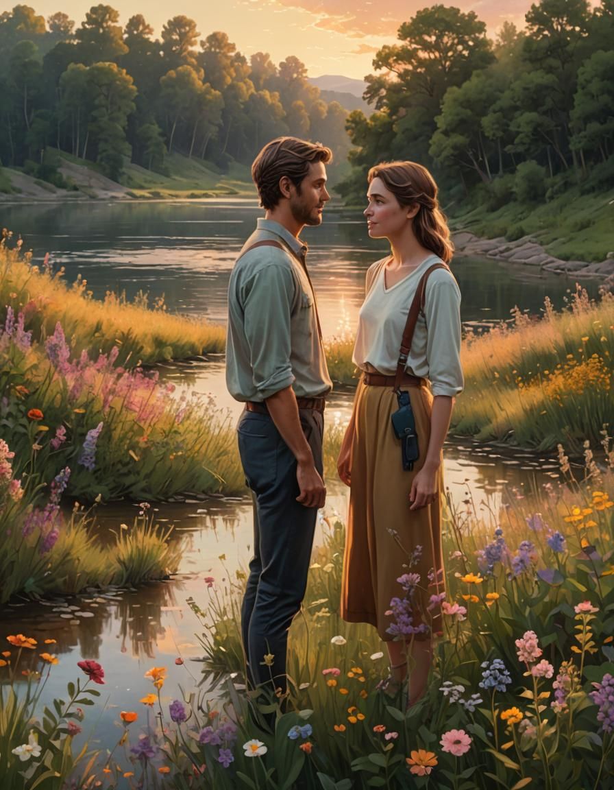 Couple Embracing Gentle Riverbank Moment in Vibrant, Golden....
