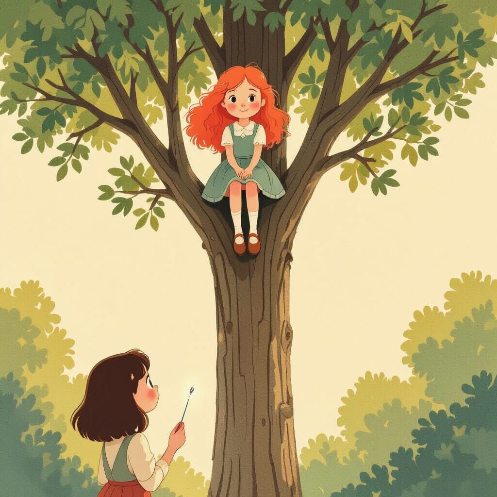 Children's Storybook Art: Coral-Haired Girl in Poplar Tree