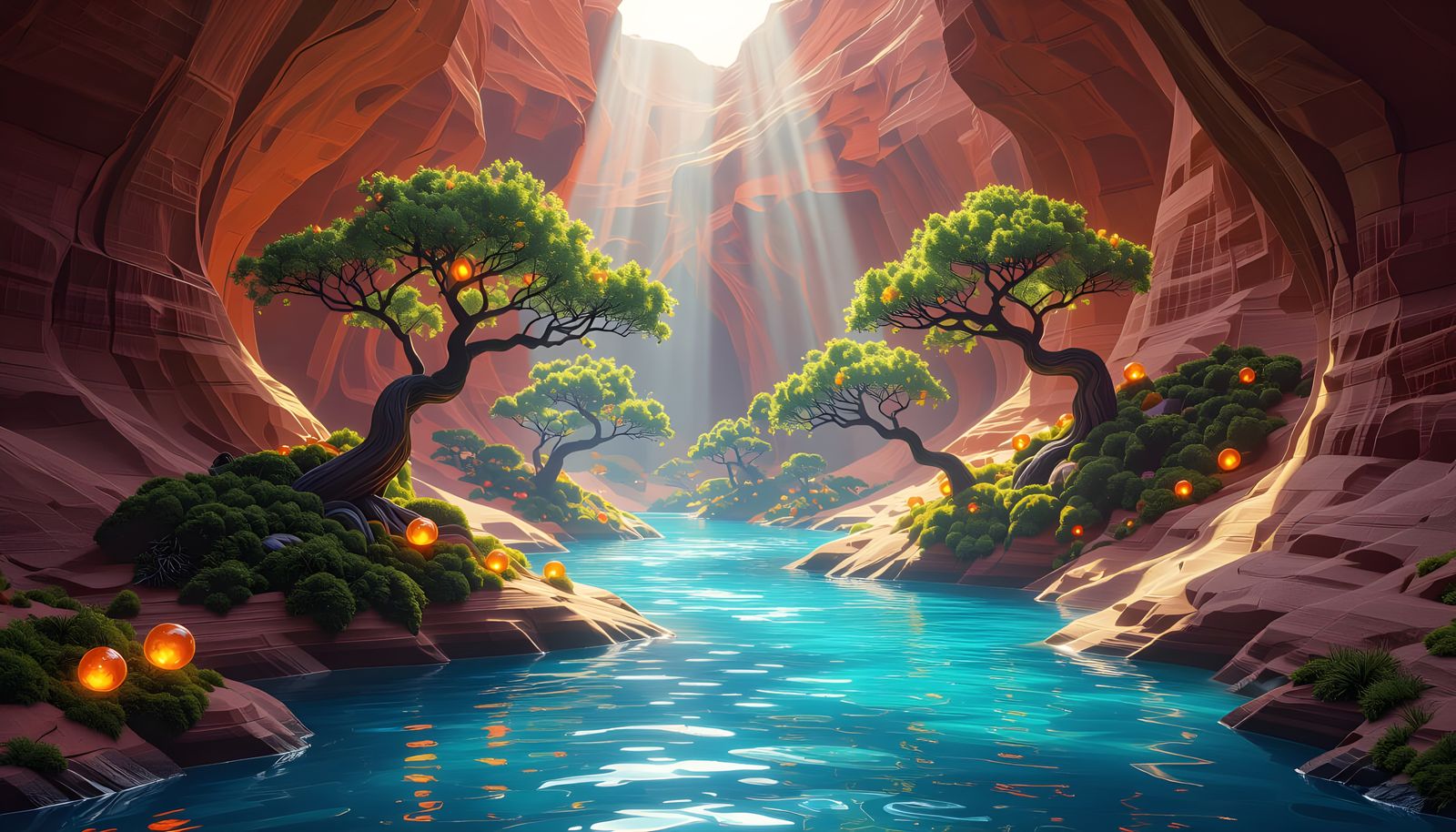 Antelope Canyon With Bonsai Trees and Orange Orb Flowers