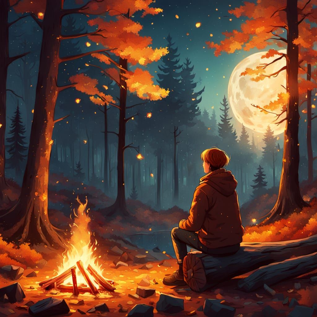 Stargazing by Campfire in Autumn Forest