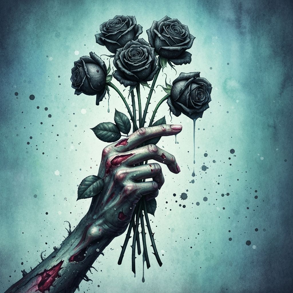 Zombie Hand Holds Black Roses in Watercolor Style