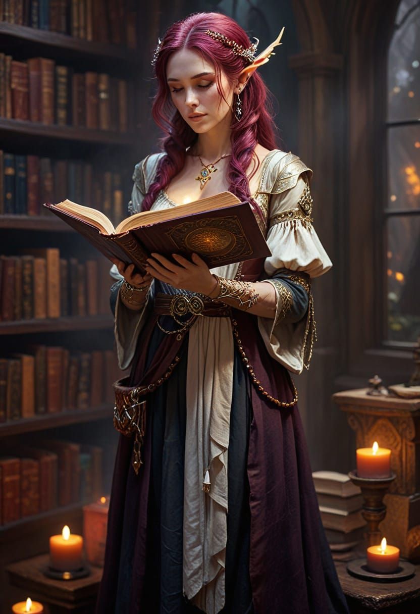 Elf Reads Spell Book in Oil Painting Style