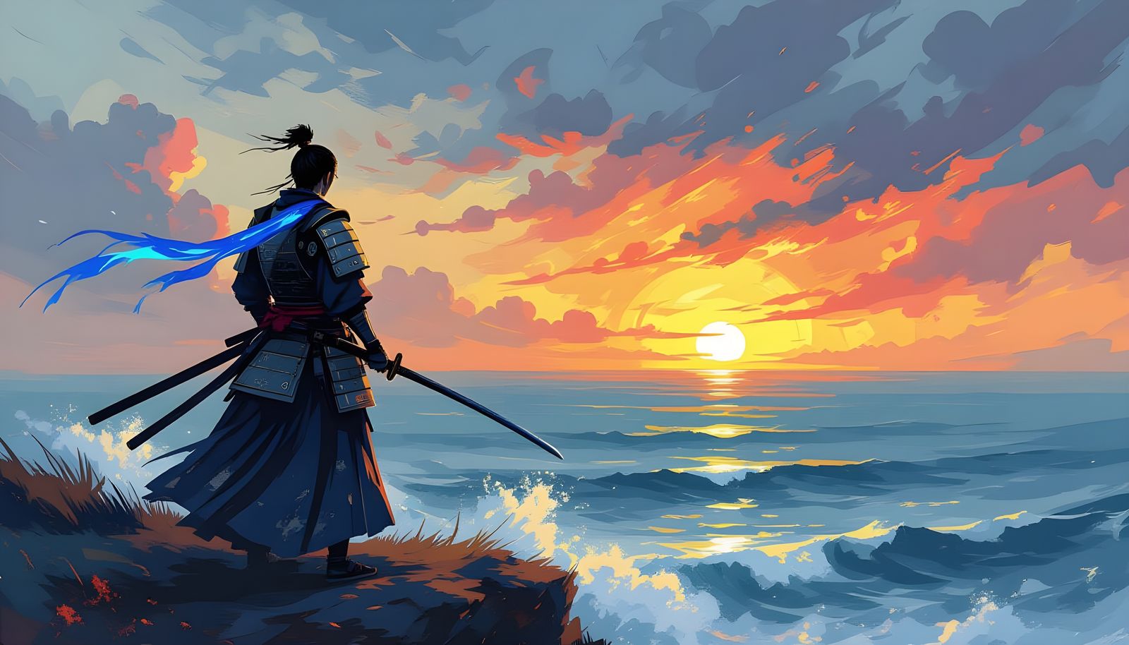 Samurai on Windswept Cliff in Abstract Expressionist Style