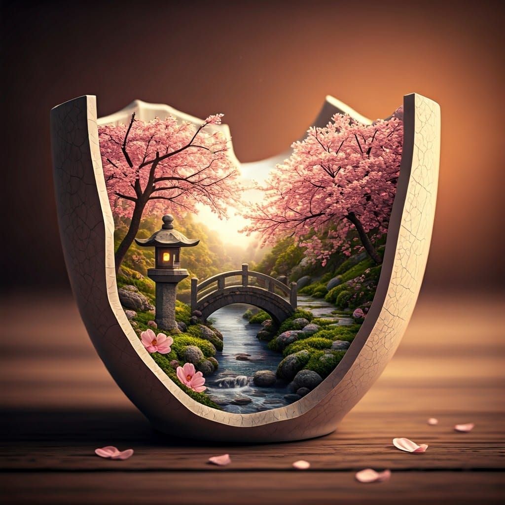 Surreal Sakura Garden within a Broken Porcelain Vase
