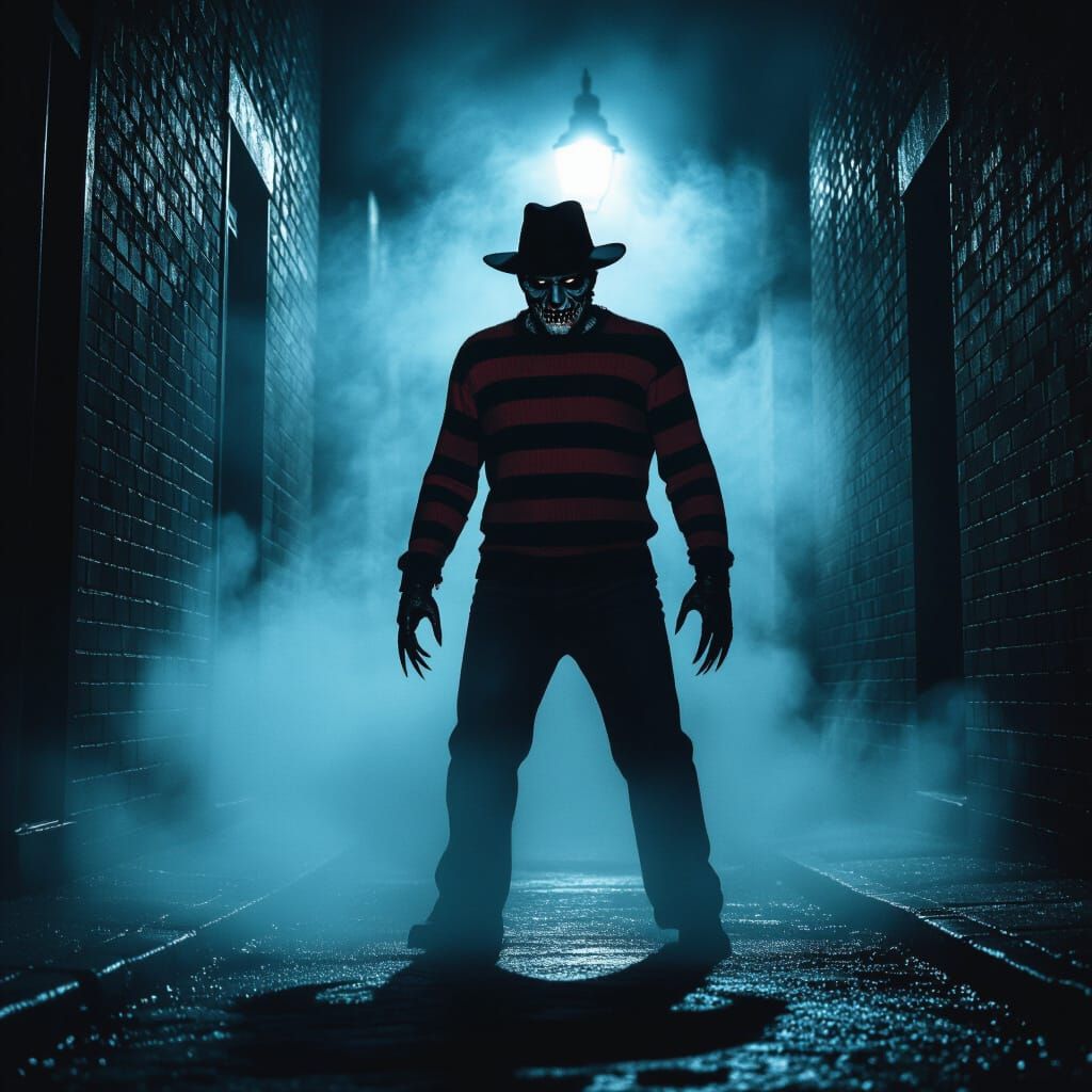 Freddy Krueger Emerges From Foggy Alley in 80s Horror Style