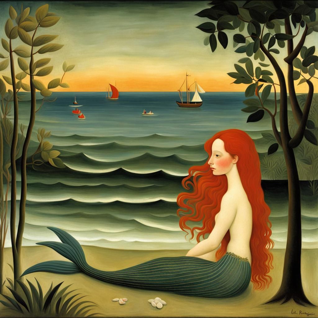 Red Haired Mermaid Basks on Tropical Beach