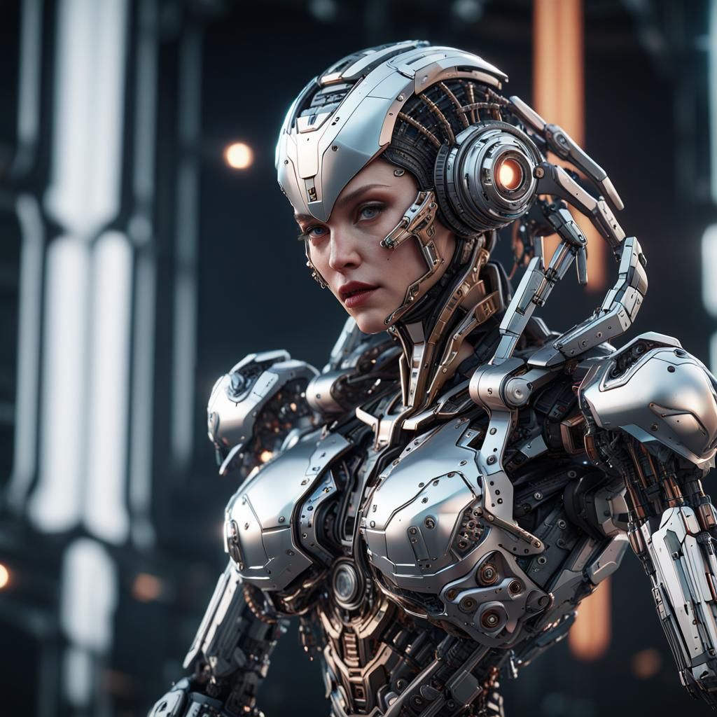 Cyborg Madonna in Futuristic Metropolis