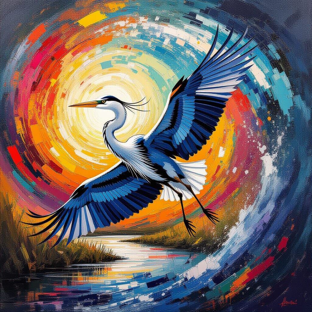 Heron in Flight Transforms into Abstract Vortex