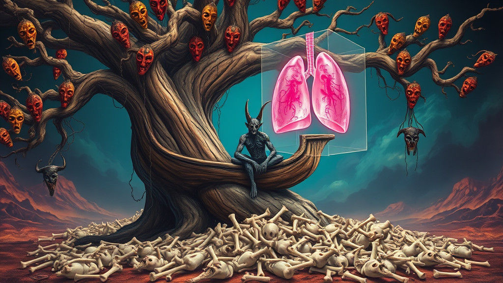 Dark Surrealist Landscape with Twisted Tree and Glowing Lung...