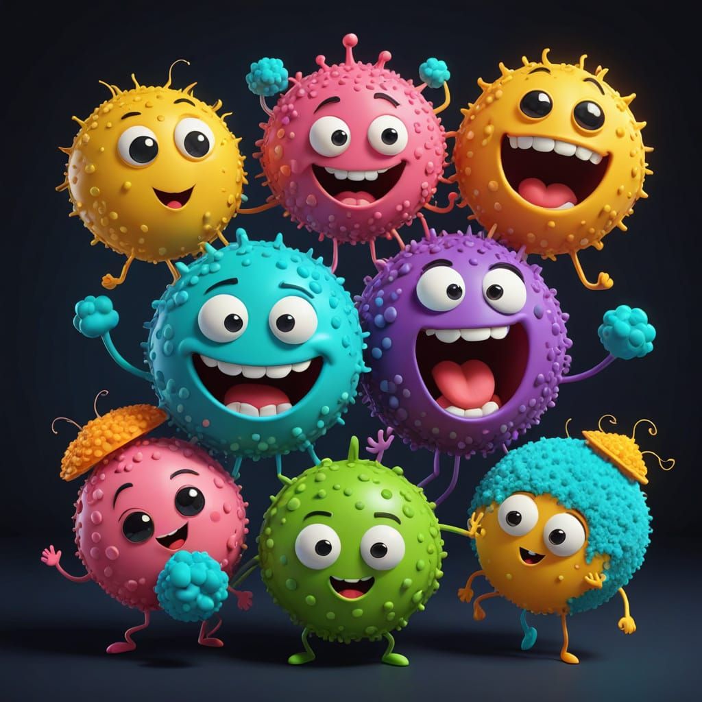 Funny Cartoon Microbes Dancing in Vibrant Colors