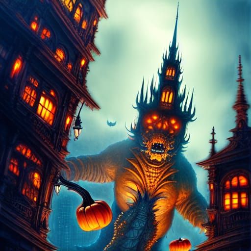 Gothic Pumpkin Kaiju Towers Over Gaslamp City
