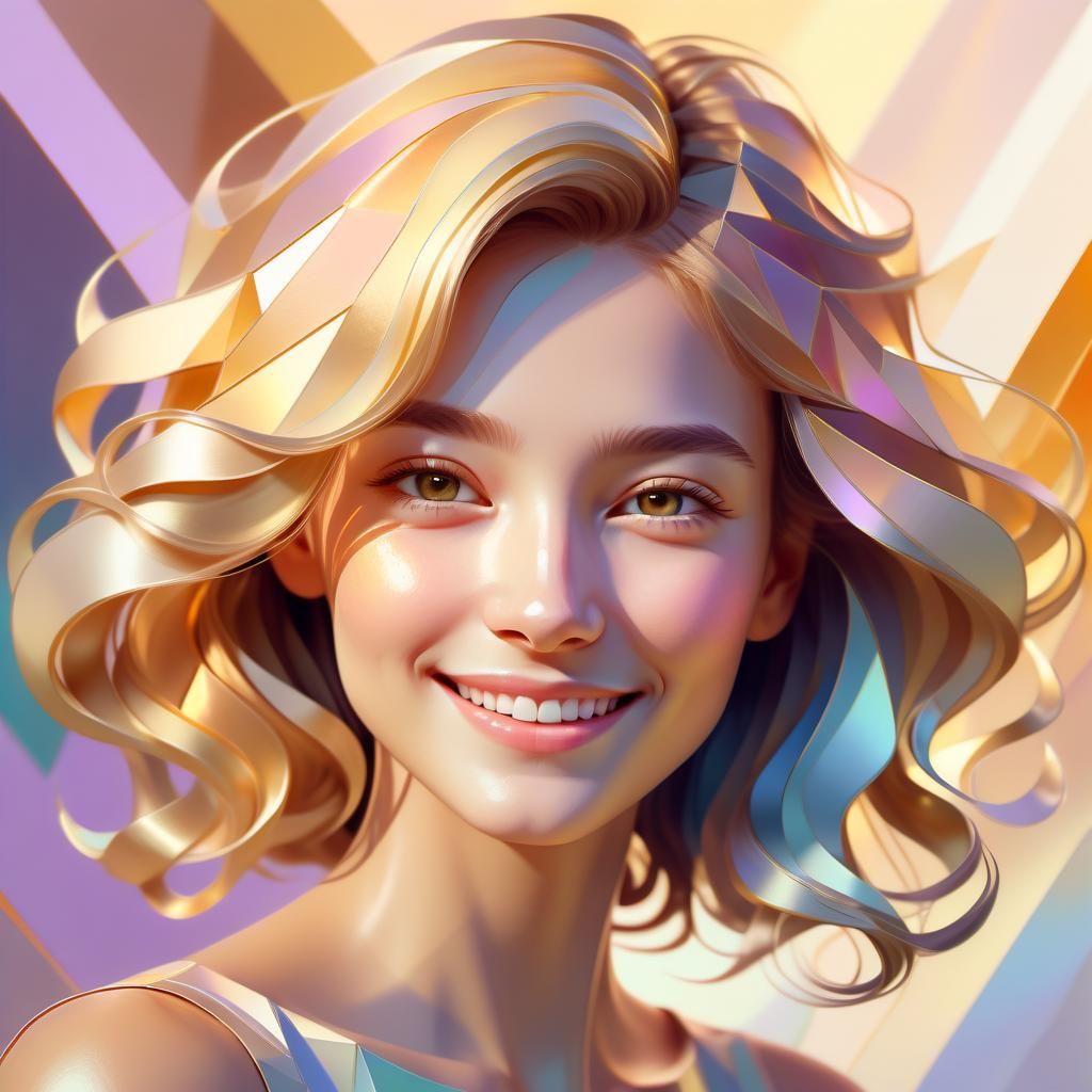 Ethereal Woman in Gentle Smile, Low-Poly Digital Artwork