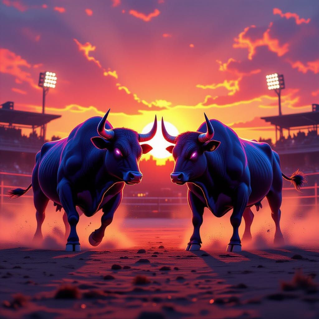Neon Bulls Clash in Cyberpunk Arena at Sunset