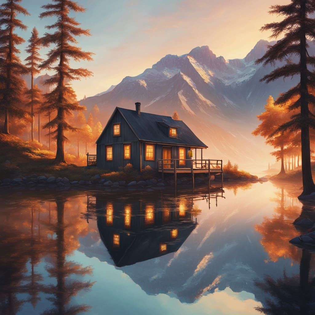 Idyllic Cabin by Lake: Surrealist Oil Painting