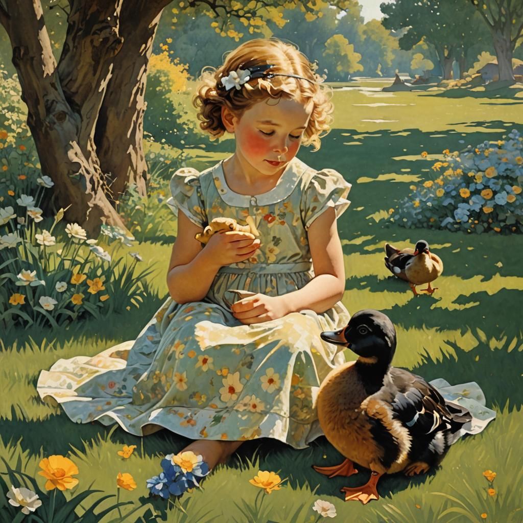 Toddling Girl in Idyllic Meadow, with Pet Duck