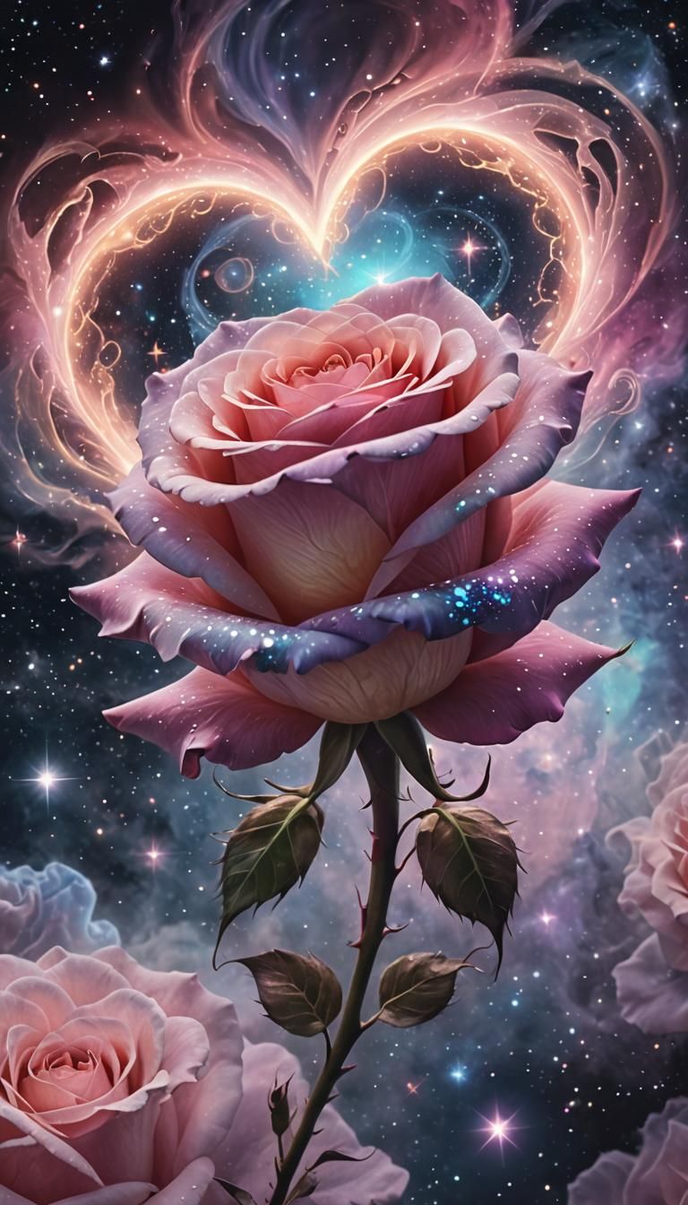 Surreal Cosmic Rose Blossoms with Iridescent Petals Amidst a...