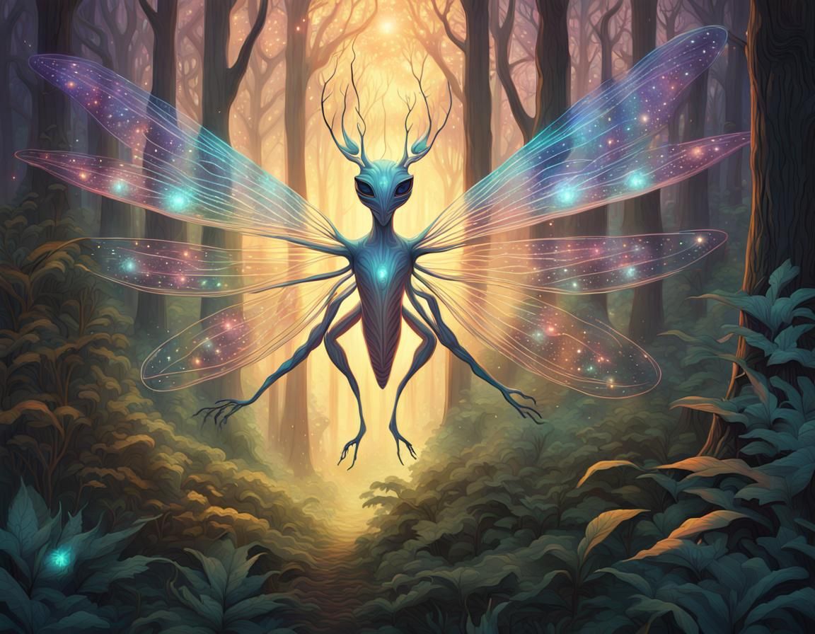 Ethereal Firefly Alien in Vibrant Forest Scene