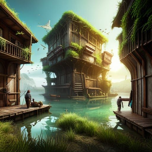 Floating Wooden Cityscape in a Desolate Post-Apocalyptic Wor...