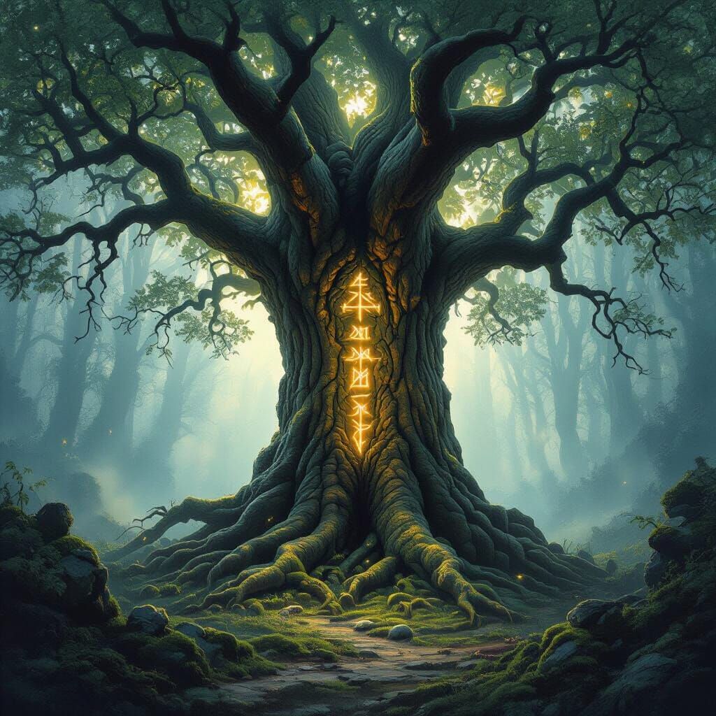 Mystical Tree with Runes in Dark Fantasy Style