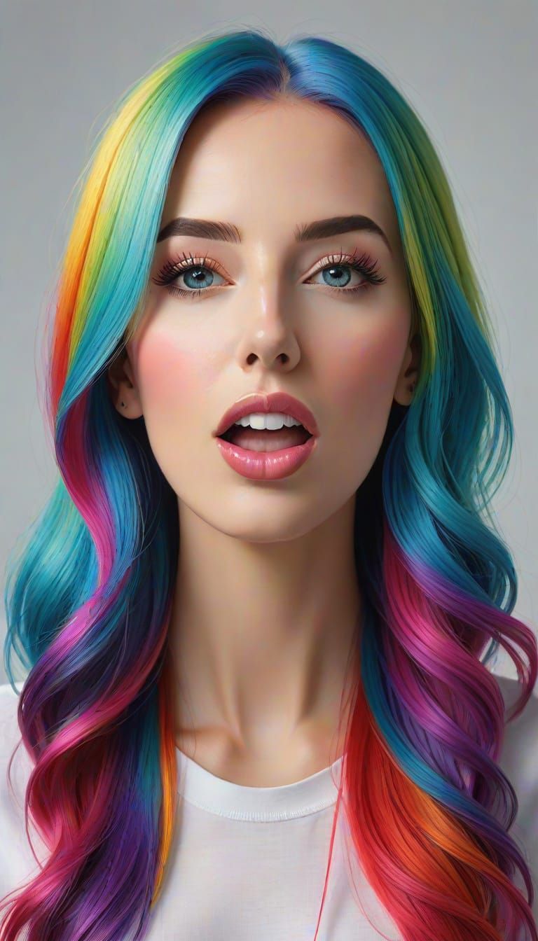 Hyperrealistic Portrait of Woman with Rainbow Hair