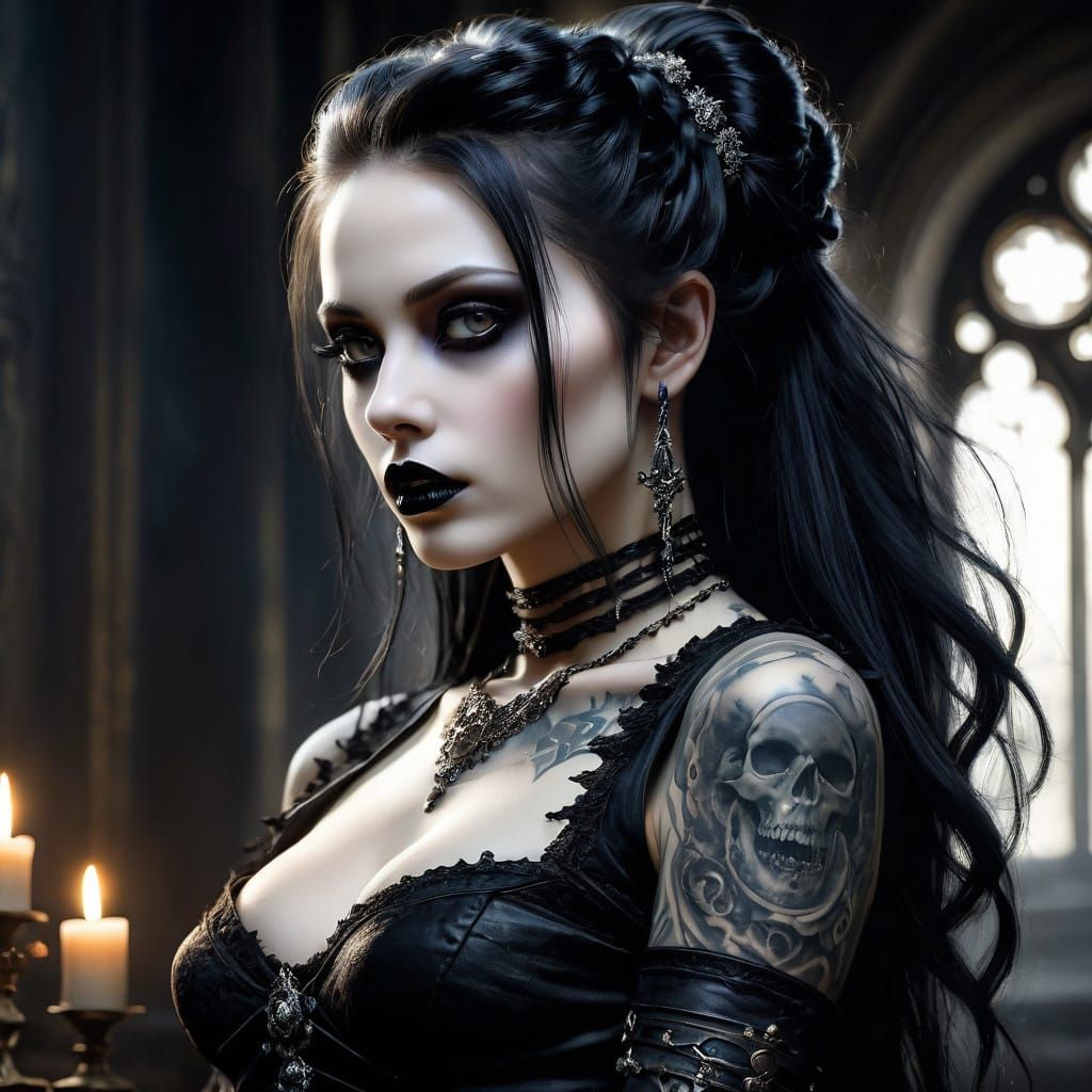 Ethereal Goth Woman in Candlelight