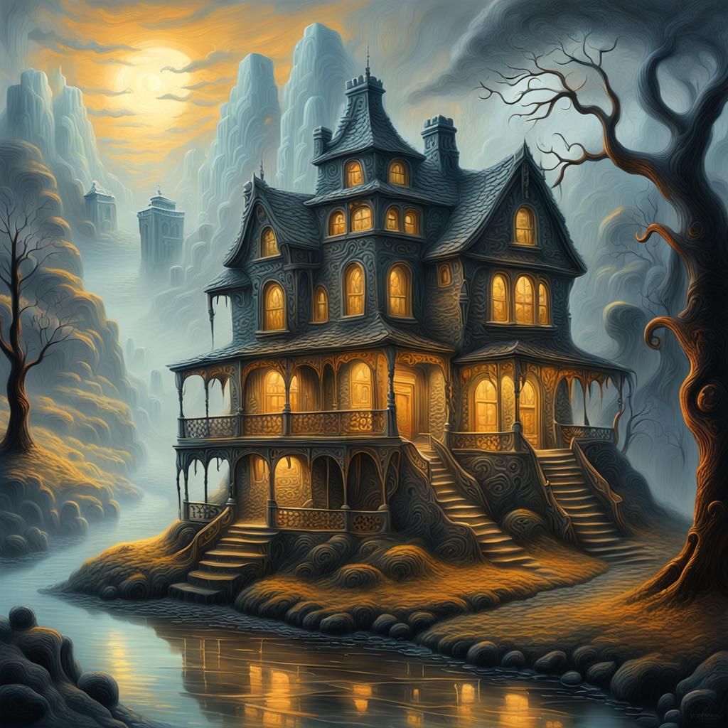 Ethereal Carved House in Surreal Fantasy Landscape