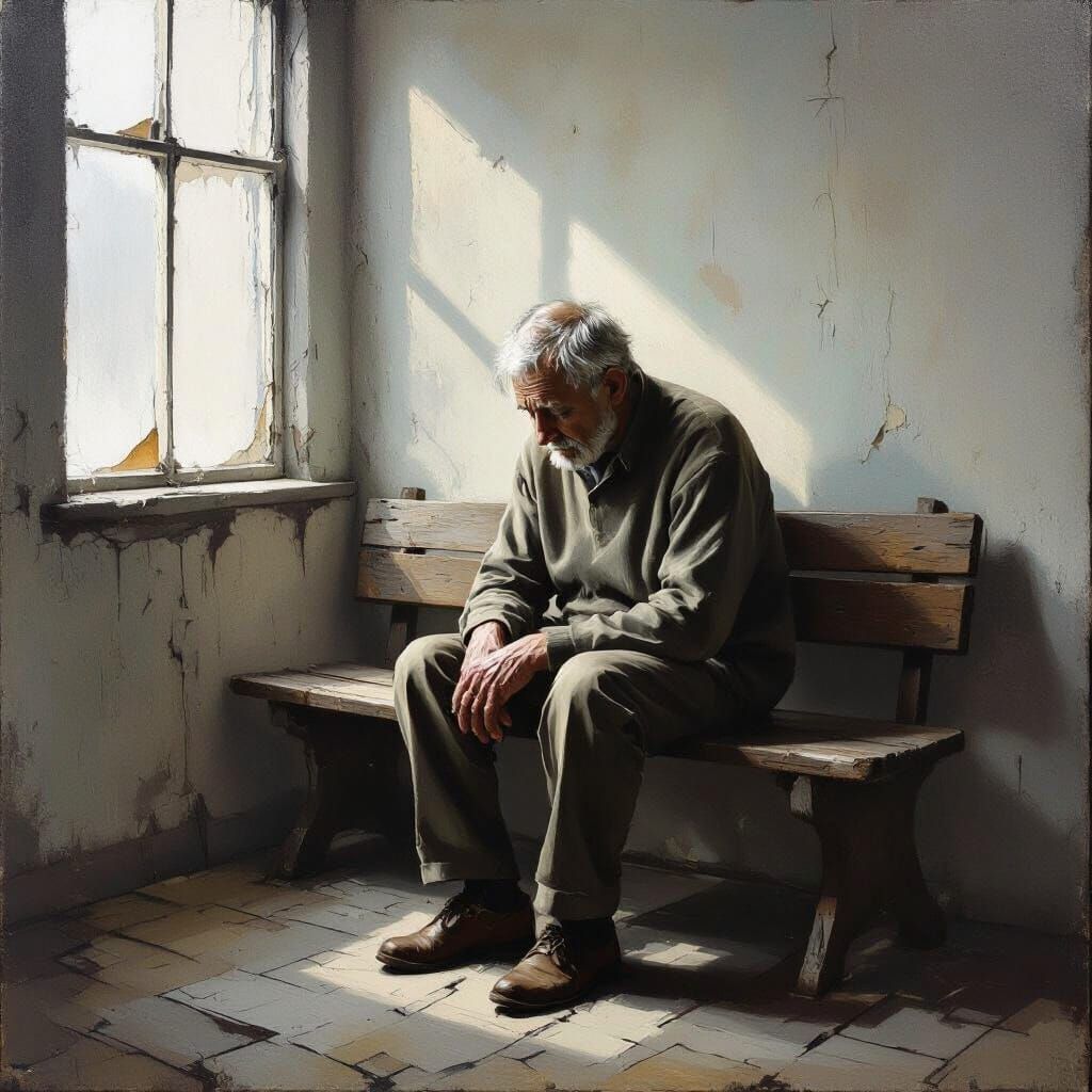 Elderly Man's Sorrowful Solitude on a Worn Bench