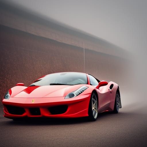 A Red Ferrari Speeds Through a Foggy Landscape with Vibrant...